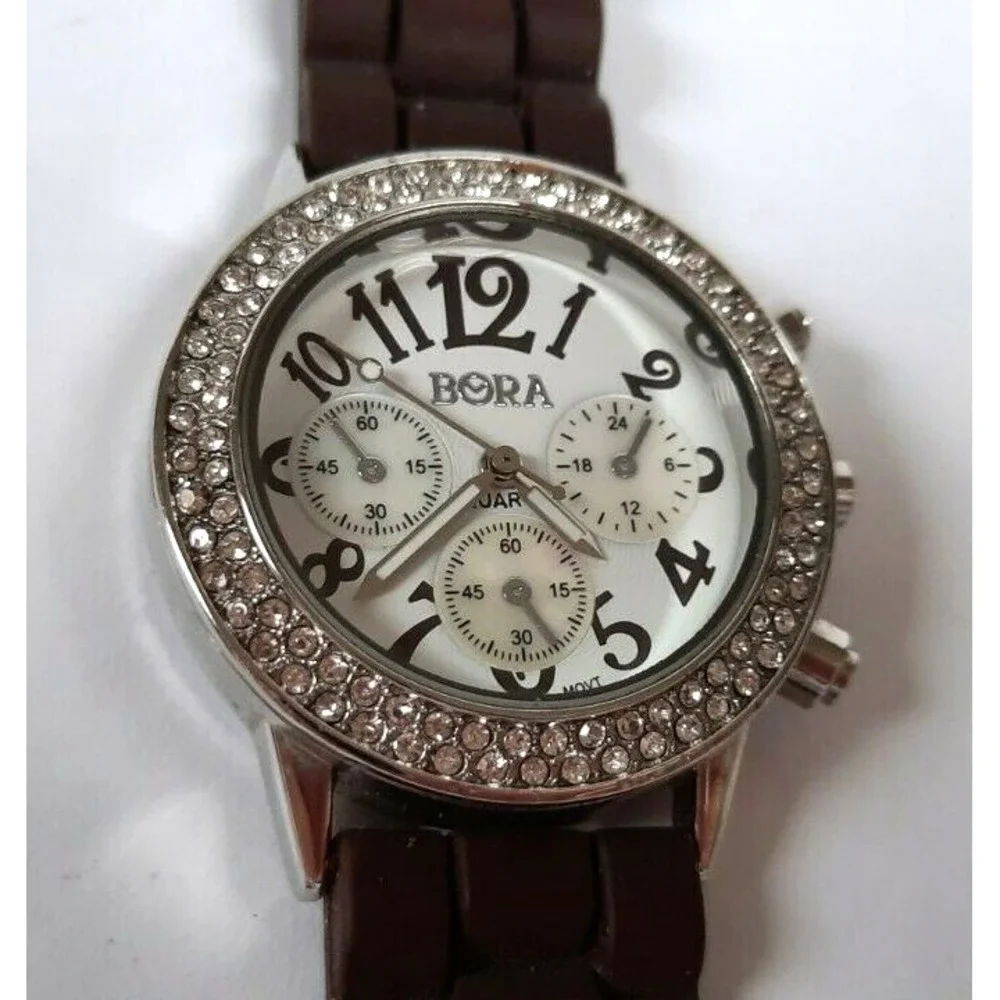 Bora Women's Watch Brown Numbers Silicone‎ Band Quartz Crystal Bezel Pre-owned
